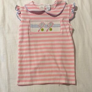 Pink Striped Kids Shirt with Tennis Racket Design